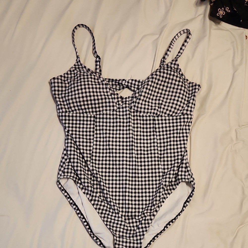 Time and Tru Black and White Checkered One Piece Swimsuit